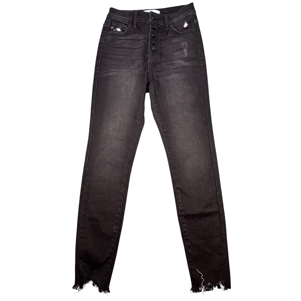 KanCan Black Distressed Button Fly Raw Hem Skinny Jeans Women 5